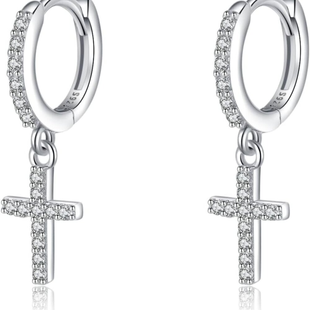Solid 925 Sterling Silver Cross Hoop Earrings For… - image 1